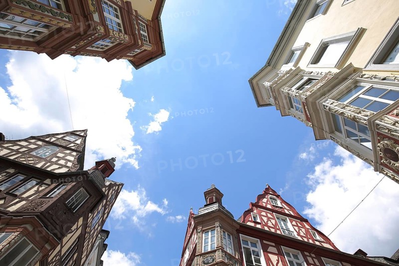 Four towers, half-timbered houses, view up, perspective, Am Plan, Marktstraße, Koblenz, landmark, Rhineland-Palatinate, Germany