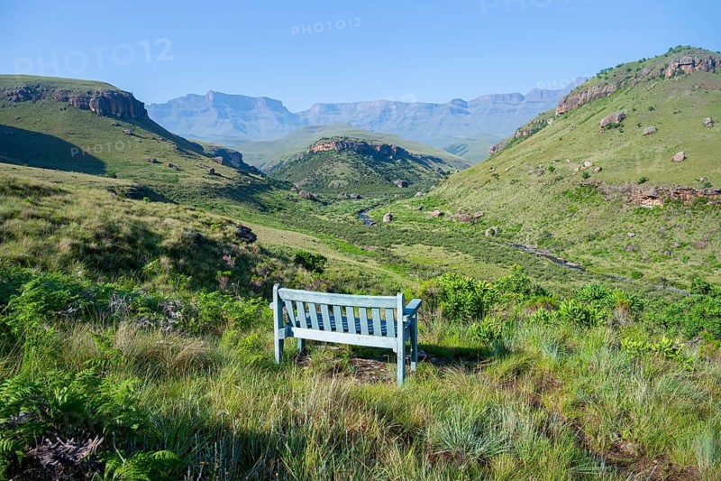 Blue park bench in a green idyllic mountain valley with river, Giant's Castle, Maloti-Drakensberg Park, Drakensberg Mountains, South Africa