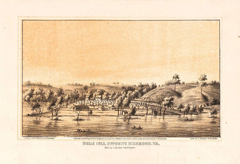 Belle Isle, an island in the James River across from Richmond, Virginia. View of the island from the shore in Richmond with trees, river landscape and buildings in the background, 1880, authentic, digitally restored reproduction in high resolution from a 19th century original, exact date of depiction unknown, American history, historical
