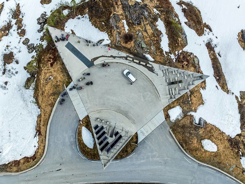 Viewpoint and rest area Utsikten, Gaularfjell mountain crossing, aerial view, national tourist route north of Balestrand, Norway