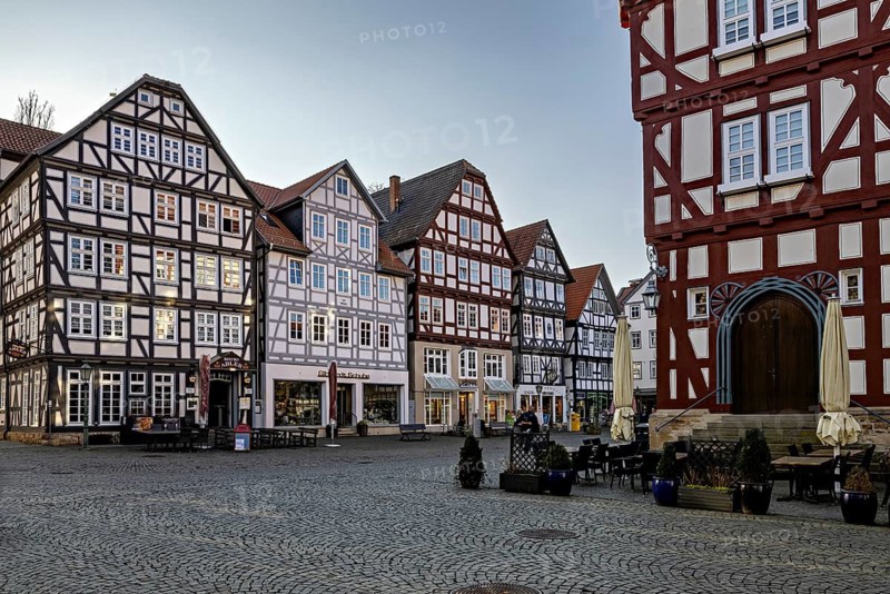 A market square with half-timbered houses at dusk, The old town centre of Melsungen