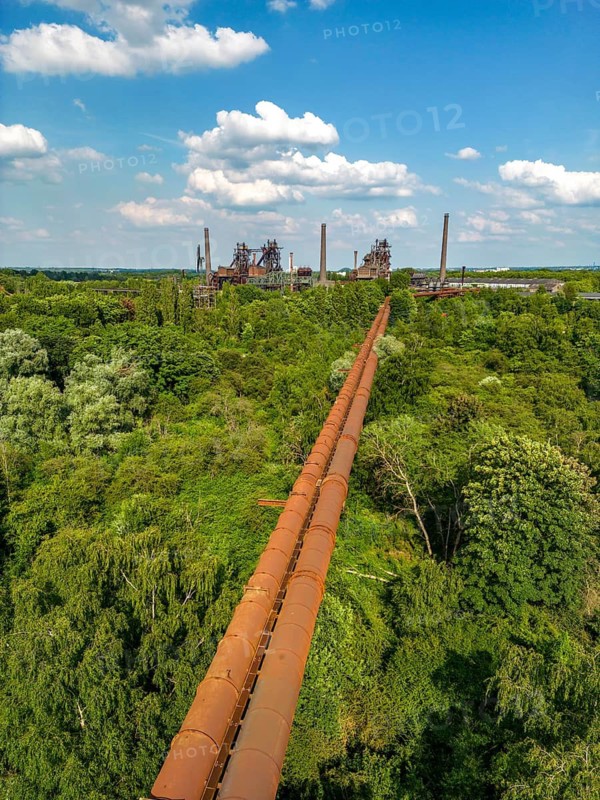 The Duisburg Nord Landscape Park, double blast furnace gas pipeline from the west View across the wilderness, a park area where nature is left to its own devices, to the steelworks, North Rhine-Westphalia, Germany
