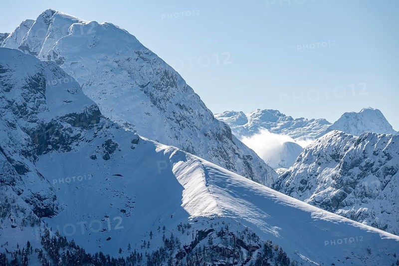 Snow-covered mountains, Steinernes Meer, from the Jenner, Berchtesgaden National Park, Berchtesgaden Alps, Schönau am Königssee, Berchtesgadener Land, Bavaria, Germany
