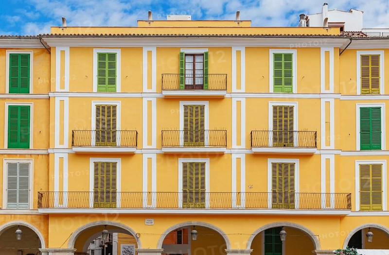 Historic building facade, Plaza Mayor, Palma de Mallorca, Mallorca, Balearic Islands, Spain