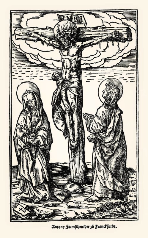 Crucifixion group, Jesus crucified between Mary and John, by Jörg Breu the Elder, woodcut, 16th century
