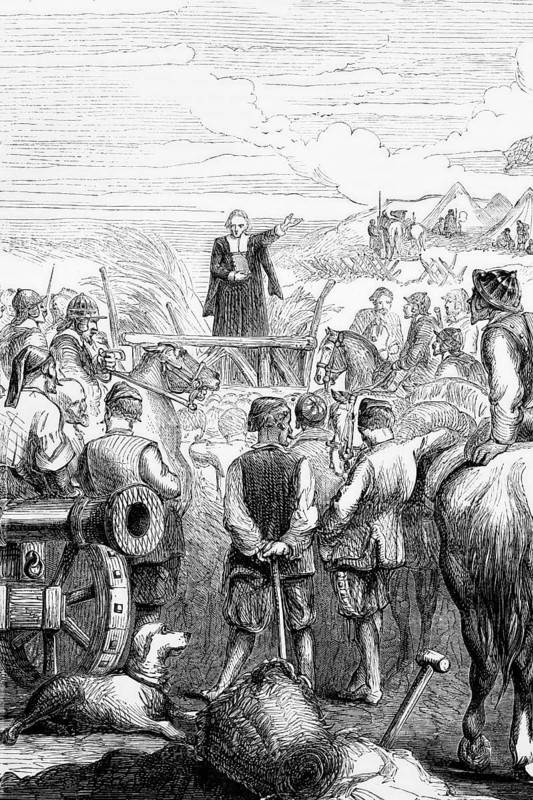 Protestant service in a Puritan camp during the English Civil War, 1643, England, digital reproduction of a historical model