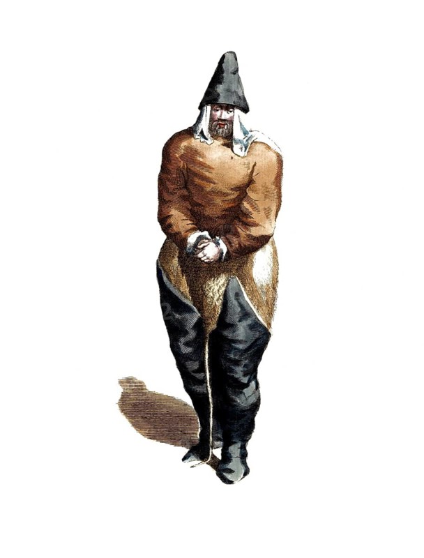 Historical clothing, fashion in the course of time, clothing of a fisherman from Greenland in 1626, digitally restored reproduction of a model from the 18th/19th century, exact date unknown, man in dark costume with large black hat
