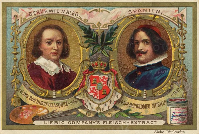 Picture series famous painters, Spain, Don Diego Velasquez and Bartolomeo Murillo, Liebig picture, digitally restored reproduction of a collector's picture from ca 1900, public domain, exact date unknown, portraits of Velázquez and Murillo in decorated frames with Spanish coat of arms