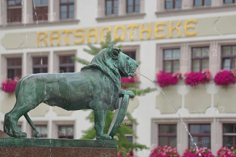 Market fountain with lion figure and water jet, blurred inscription Ratsapotheke, blur, pharmacy, flower decoration, bronze, verdigris, sculpture, Obermarkt, Freiberg, Saxony, Germany