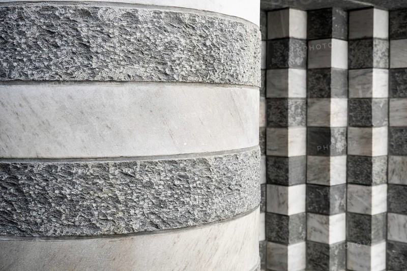 Marble and gneiss alternately, interior, Roman Catholic church of San Giovanni Battista, built in the same place as the village church destroyed by avalanche in 1986, architect Mario Botta, Mogno, Maggia Valley, Valle Maggia, municipality of Lavizzara, Canton of Tessin, Switzerland