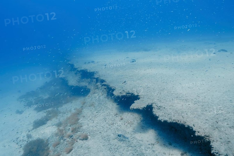 Crack-like course of a shallow reef in blue waters, Faro Reef dive site, Arguineguin, Gran Canaria, Spain, Atlantic