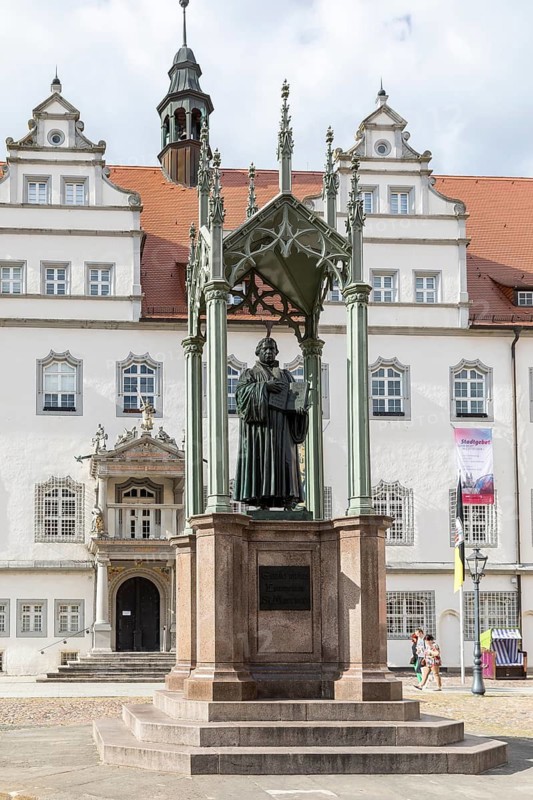 Monument to Martin Luther on the market square in front of the town hall, Luther city Wittenberg, Saxony-Anhalt, Germany