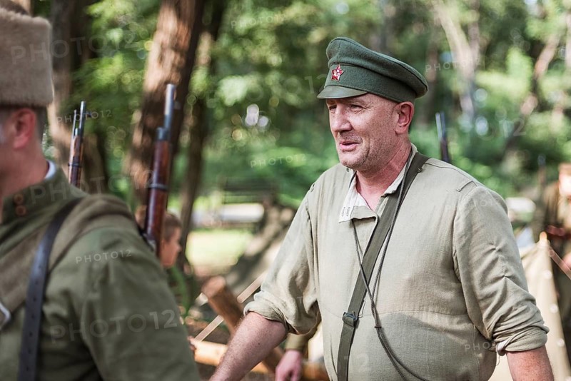 LUBIN, POLAND - AUGUST 8, 2020:, A staging of the Battle of Warsaw from 1920, in which the Polish army defeated the Bolshevik aggression. 100th anniversary of the battle. On picture Bolshevik soldier