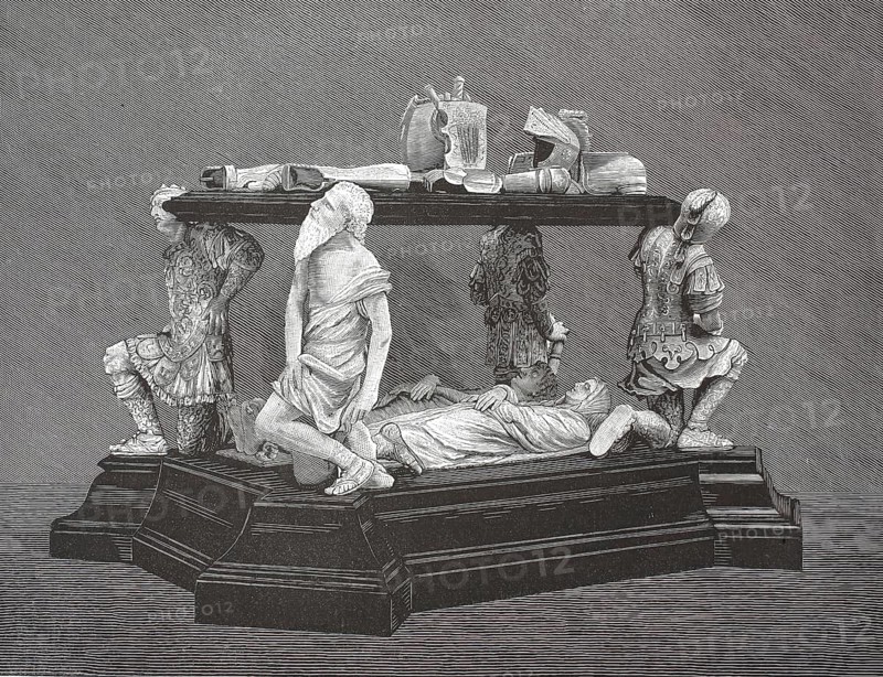 Wood engraving of the famous grave monument for Count Engelbrecht II of Nassau and his woman Margaretha of Chalon. The original work of art made of alabaster and black marble is in the Prinsenkapel, Prinzenkapelle, the Church of Our Dear Lady, Grote Kerk, in Breda, the Netherlands, illustration, reproduction from a model from the 19th century. Authentic, file restored for optimal use, exact date of submission unknown, historical