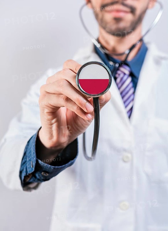 Poland health and medical insurance concept. Polish Healthcare System, doctor holding stethoscope
