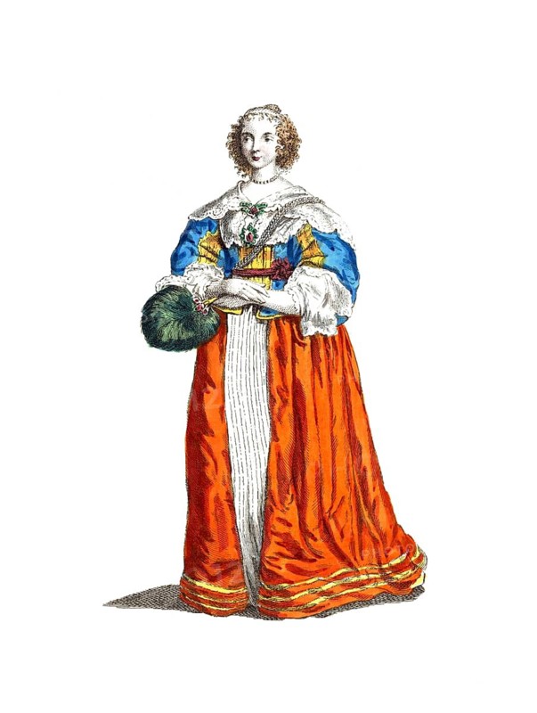 Historical clothing, fashion over time, style of dress of an English lady of standing in 1640, England, digitally restored reproduction of an 18th/19th century model, exact date unknown, woman in magnificent Renaissance dress with fur, strong colours and elegant appearance