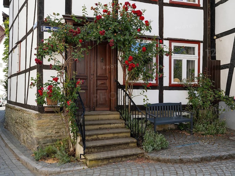 Half-timbered house house, entrance surrounded by roses, Altstadt, Soest, Westphalia, North Rhine-Westphalia, Germany
