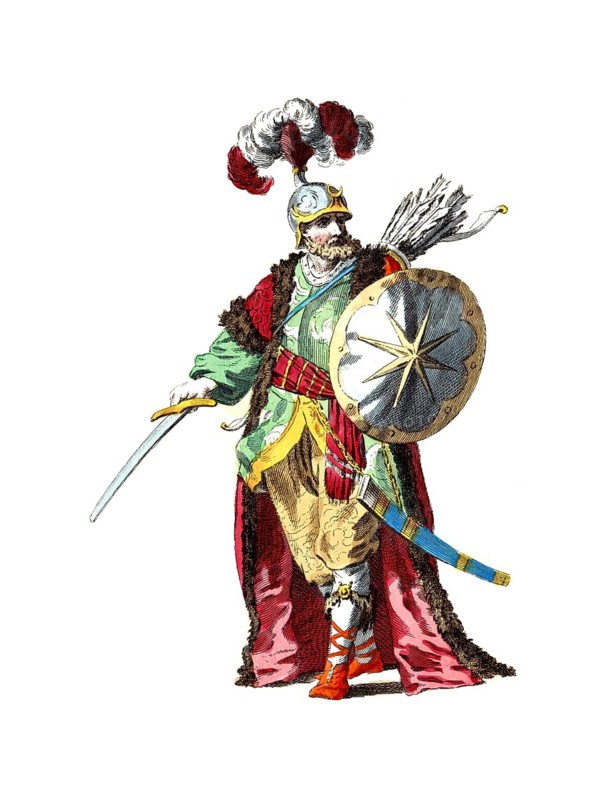 Historical clothing, fashion over time, uniform of the commander-in-chief of the Spahis, 1749, in the Ottoman Empire the horsemen to be provided by the holders of the Turkish warrior fiefdoms, the Timars and Zaims, digitally restored reproduction of a model from the 18th/19th century, exact date unknown, warrior in baroque armour with helmet, shield and sword