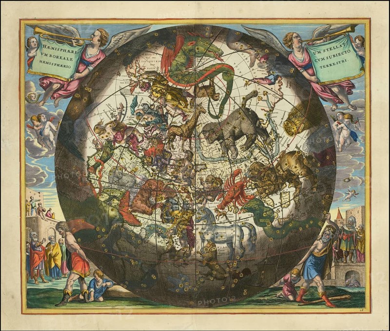Haemisphaerium Stellatum Boreale Cum Subiecto Hemisphaerio Terrestri, 1660, digital improved reproduction of a work of Andreas Cellarius (1596-1665), a Dutch-German cartographer and cosmographer, who is best known for his 1660 Harmonia Macrocosmica, a major star atlas, digital improved reproduction of a work of Andreas Cellarius (1596 - 1665), a Dutch-German cartographer and cosmographer best known for his 1660 Harmonia Macrocosmica, a major star atlas