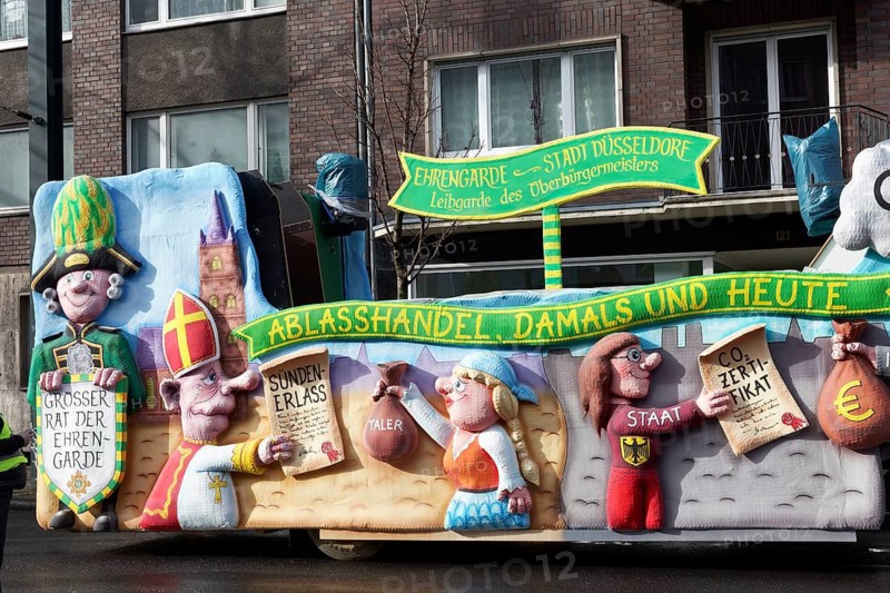 Ironic carnival float on the subject of indulgences, church sin remission, state CO2 certificate, Düsseldorf Rose Monday procession, Düsseldorf, North Rhine-Westphalia, Germany