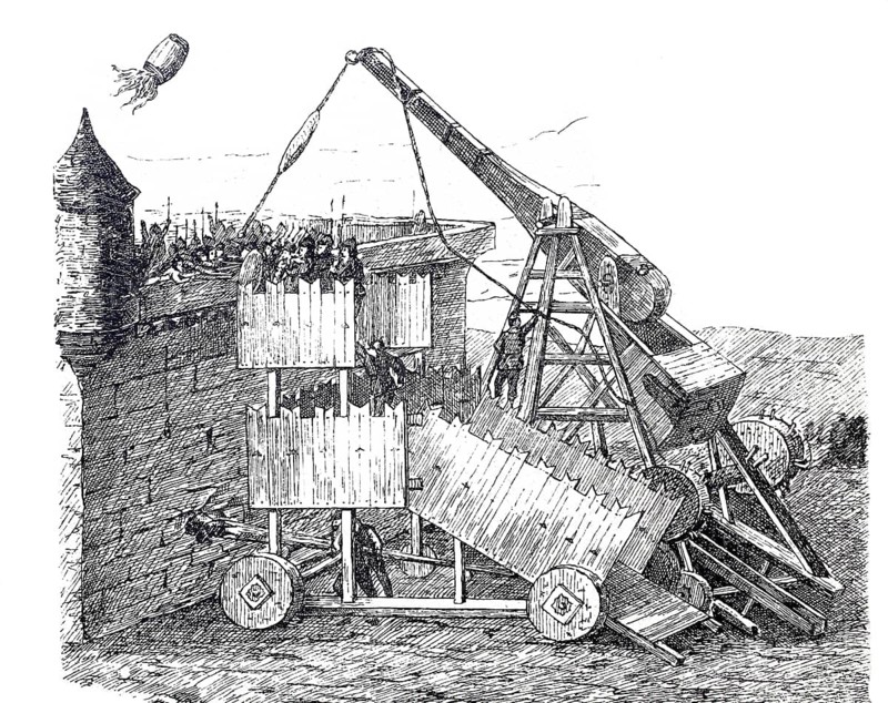 Slingshot machine from the 13th century for the conquest of fortified cities, weapon of war, digitally improved reproduction of a 19th century model, historical