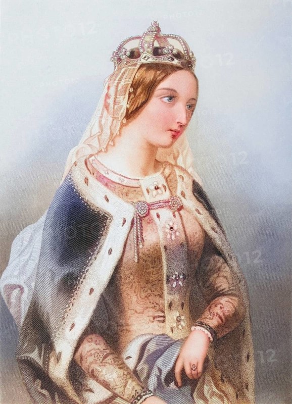 Catherine of Valois, 1401-1437, Queen of King Henry V of England. Engraved by F. Holl after A. Bouvier, from the book The Queens of England, Volume I by Sydney Wilmot. Published in London c. 1890, Historical, digitally restored reproduction from a 19th century original, Record date not stated