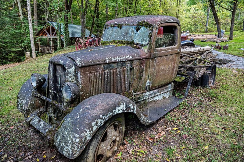 Moss covered antique Dodge truck at Ely's Mill along the Roaring Fork Motor Nature Trail outside Gatlinburg Tennessee in the Great Smoky Mountains National Park