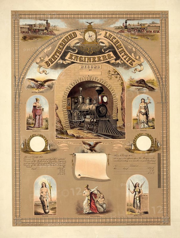 Membership certificate or register of the US trade union Brotherhood of Locomotive Engineers, now Brotherhood of Locomotive Engineers and Trainmen, dating from 1877. Founded in 1863 and is the oldest railroad workers union in North America, authentic, digitally restored reproduction in high resolution from a 19th century original, exact date of presentation unknown, American history, historical