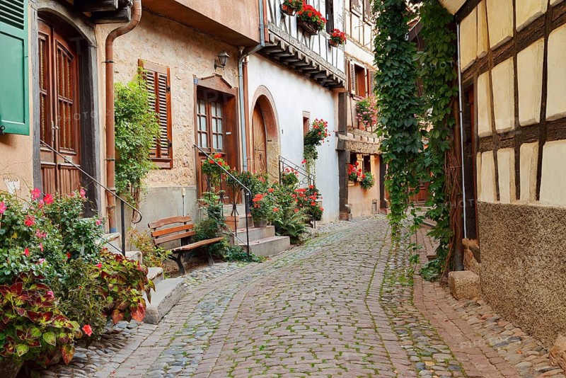 Houses in a lane, Eguisheim, Haut-Rhin, Alsace, Grand Est, France