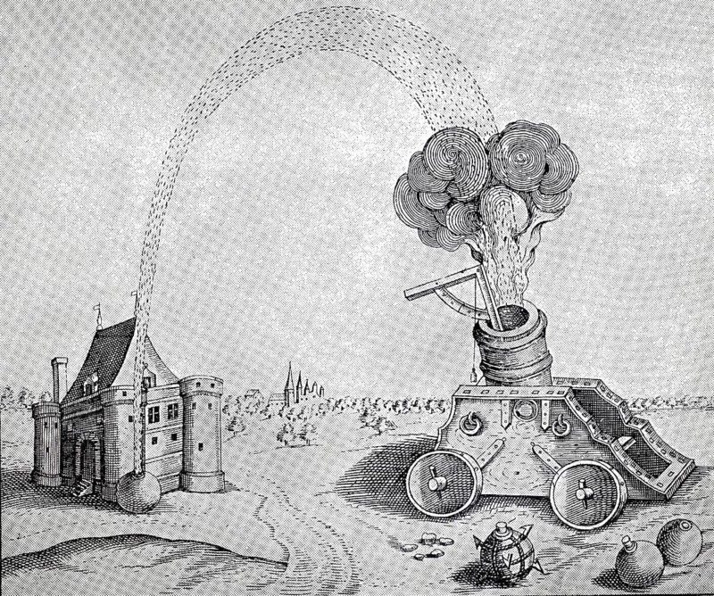 Illustration shows the historical use of a mortar, a sharp-fire gun, which was used to siege fortresses in the Middle Ages and the early modern period, 1628. These weapons were characterized by short pipes which carried grenades across walls in a steep trajectory, illustration, reproduction of a model from the 19th century. Authentic, file restored for optimal use, exact date of original unknown, Historic, an ancient cannon fires at a lock in a detailed illustration