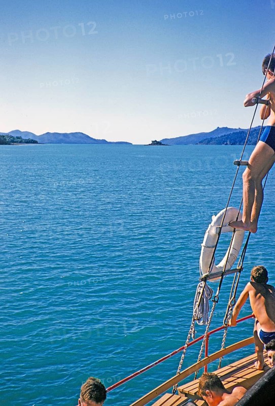 Melbourne Grammar School expedition to Queensland, Australia, 1956 Boys on a sailing yacht thought to be the Whitsunday Islands