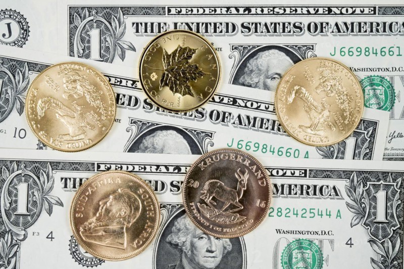 US dollar, various gold coins, symbol photo gold, investment, currency