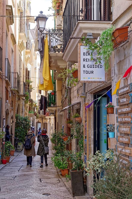 Colourful alley decorated with flowers in Bari Veccia, the old town of the southern Italian city of Bari. Bari, Apulia, Italy