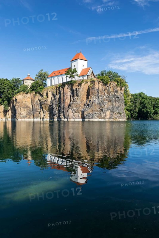 Kirchbruch lake and mountain church with water tower, Beucha, Leipzig district, Saxony, Germany