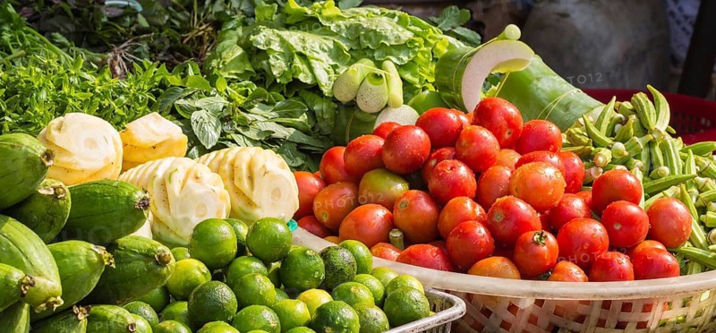 Various fruits and vegetables on the market in Vietnam