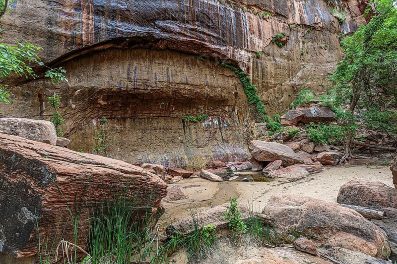 Blind arch in the sandstone rock along the Riverside Walk in the Temple of Sinawava area of Zion National Park, Utah