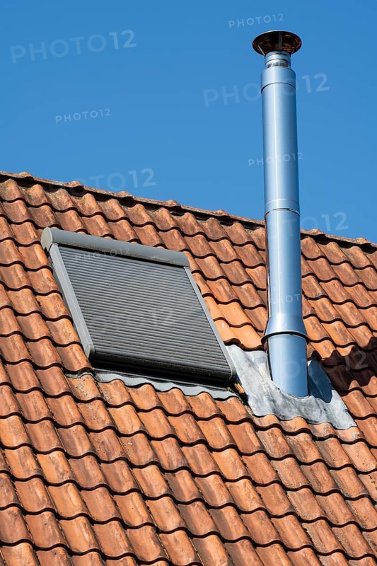 Detail of a house roof, window with closed shutters, ventilation pipe, detail, sky, Westphalia, North Rhine-Westphalia, Germany