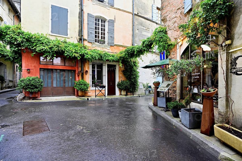 Green house facades in a district street in the city, Arles, Camargue, southern France, France