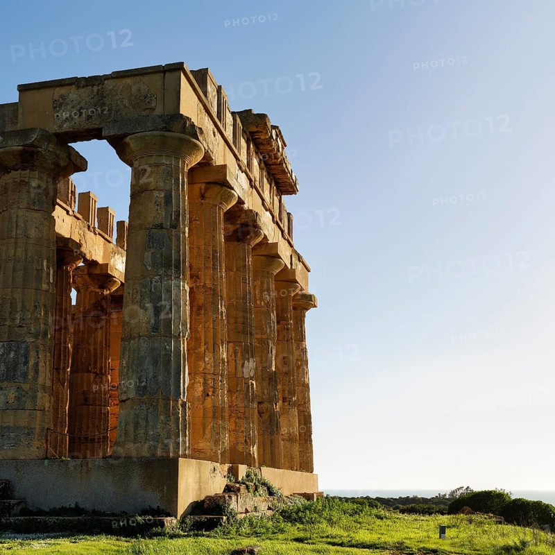 Temple E, Temple of Hera in the ancient Greek city of Selinunte, acropolis, Doric style, archaeological site, restoration, Selinunte, Castelvetrano, Trapani, Sicily, Italy
