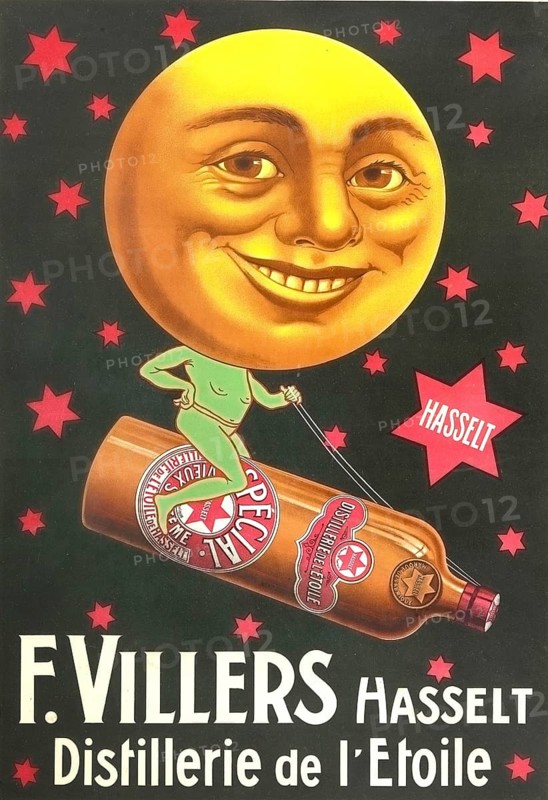 Advertising poster, beverage advertisement, poster promotes F. Villers Hasselt, a Belgian distillery known for its genever and liqueurs. The work of art dates from the period between 1912 and 1933 and shows a surreal figure riding on a bottle, authentic reproduction of a historical advertising poster, advertising sign, in high resolution