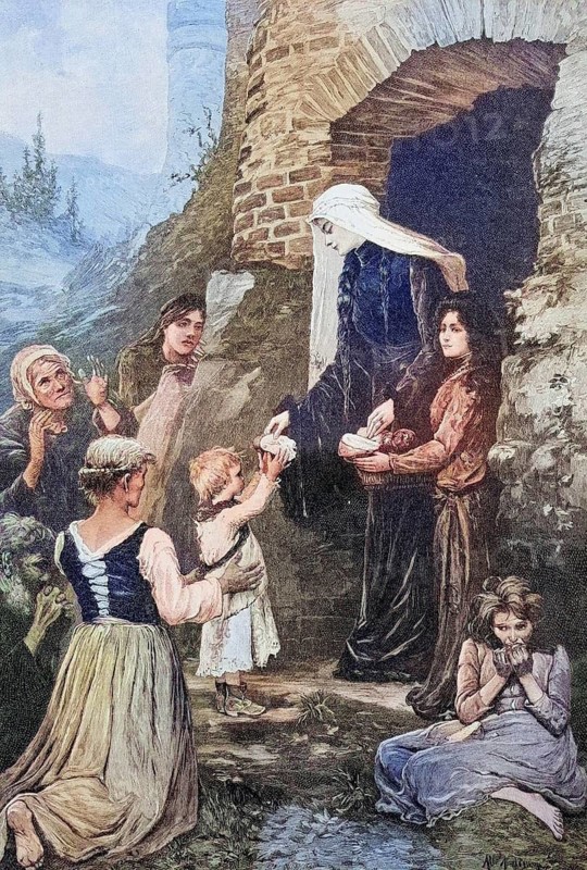 Saint Elizabeth of Thuringia, also known as Elizabeth of Hungary, a saint of the Catholic Church since Pentecost 1235, coloured wood engraving, reproduction of a model from ca 1888, Historical, A woman distributes alms to poor children and woman in front of ruins