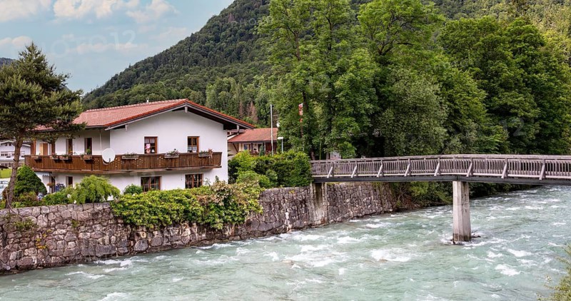 Holiday and residential houses on the Berchtesgadener Ache, Berchtesgaden, Bavaria, Germany