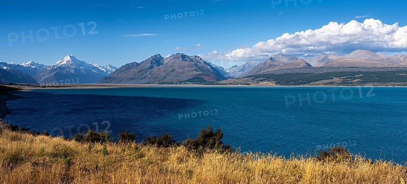 Landscape with mountains and lake. Lake Pukaki, Canterbury, South Island, New Zealand