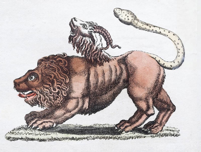 Chimera or Chimära, mythical creature, hand-coloured copperplate engraving from Friedrich Justin Bertuch's picture book for children, Vienna 1801