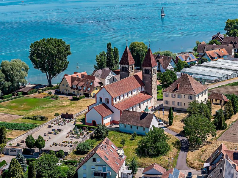 Reichenau island in Lake Constance with St. Peter and Paul church. Reichenau, Baden-Württemberg, Germany