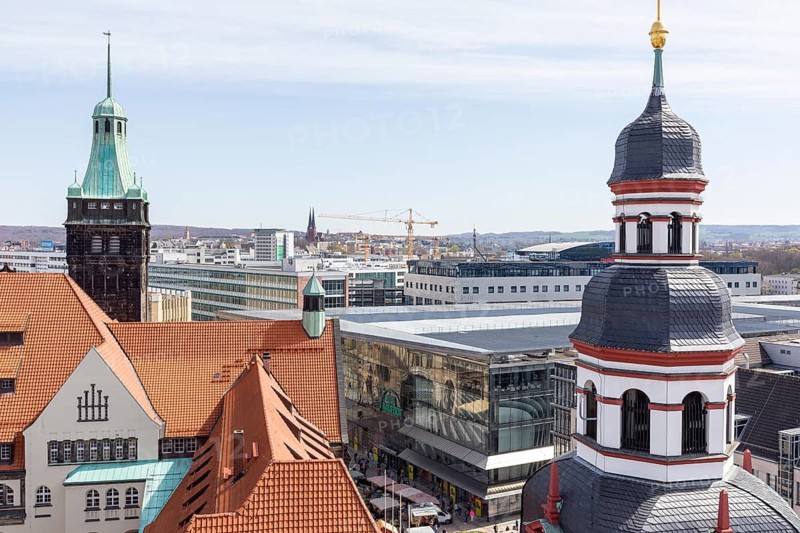View of the city centre from the high tower of St. Jacob's Church, tower of the New Town Hall and the Old Town Hall, St. Mark's Church in the background, Chemnitz, Saxony, Germany