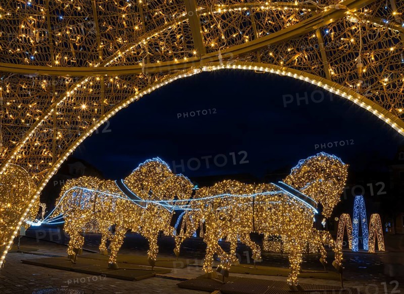 Golden horse figures, walk-in illuminated globe, arch of lights, cathedral square, world of lights, Magdeburg, most extensive Christmas and winter lighting in Central Germany, Saxony-Anhalt, Germany