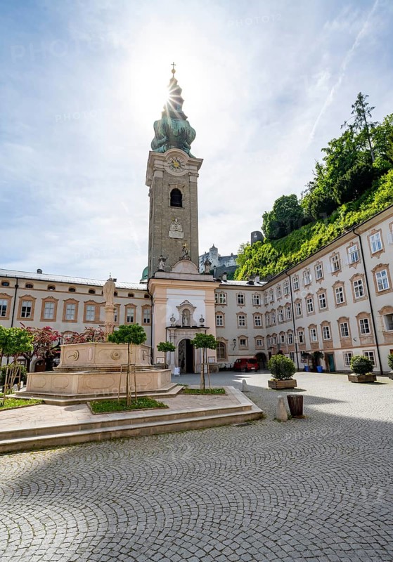 Inner courtyard of the monastery with Peter's fountain, St. Peter Abbey with St. Peter collegiate church, Old Town, Salzburg, Austria