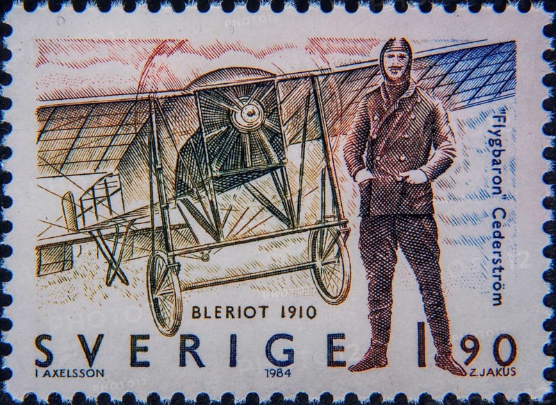 Aviation pioneer Carl Cederström (1867-1918), Sweden, with a Bleriot aircraft built in 1910. Picture on Swedish postage stamp