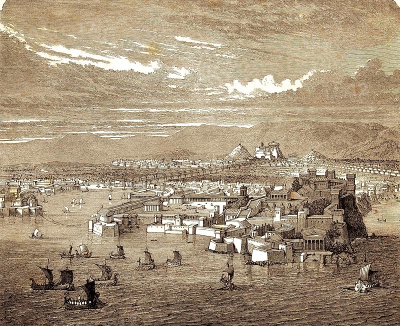Ancient Athens and its ports, Acts of the Apostles, chapter 17, New Testament, Mediterranean, fortress, harbor barrier, chains, passage barrier, temple complexes, sailing ships, rowers, walls, protection, acropolis, mountains, view from above, biblical period, Bible, historical illustration 1850